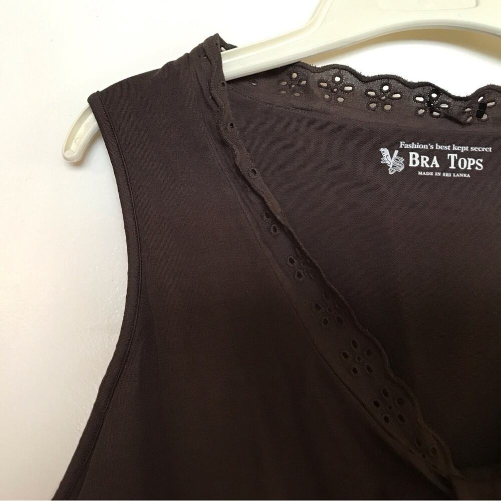 Chocolate Brown Bra Top Sleeveless SzL Lace Trim Gathered Bust Great Shape